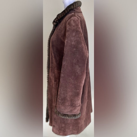LNR for NORDSTROM SUEDE BUTTON FRONT LEATHER LINED JACKET w FAUX FUR TRIM, SZ PL - Picture 10 of 17